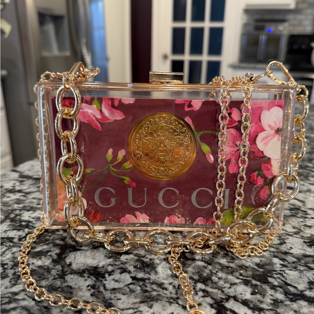 Gucci Pink Floral Acrylic Crossbody Bag with Gold Chain